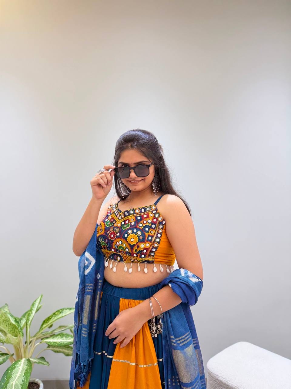 YELLOW & BLUE PANELLED RAYON NAVRATRI LEHENGA CHOLI