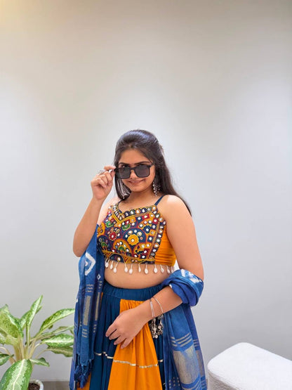 YELLOW & BLUE PANELLED RAYON NAVRATRI LEHENGA CHOLI