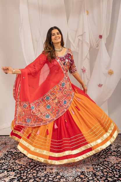 RED EMBROIDERY MIRROR WORK GEORGETTE NAVRATRI LEHENGA CHOLI