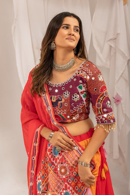 RED EMBROIDERY MIRROR WORK GEORGETTE NAVRATRI LEHENGA CHOLI