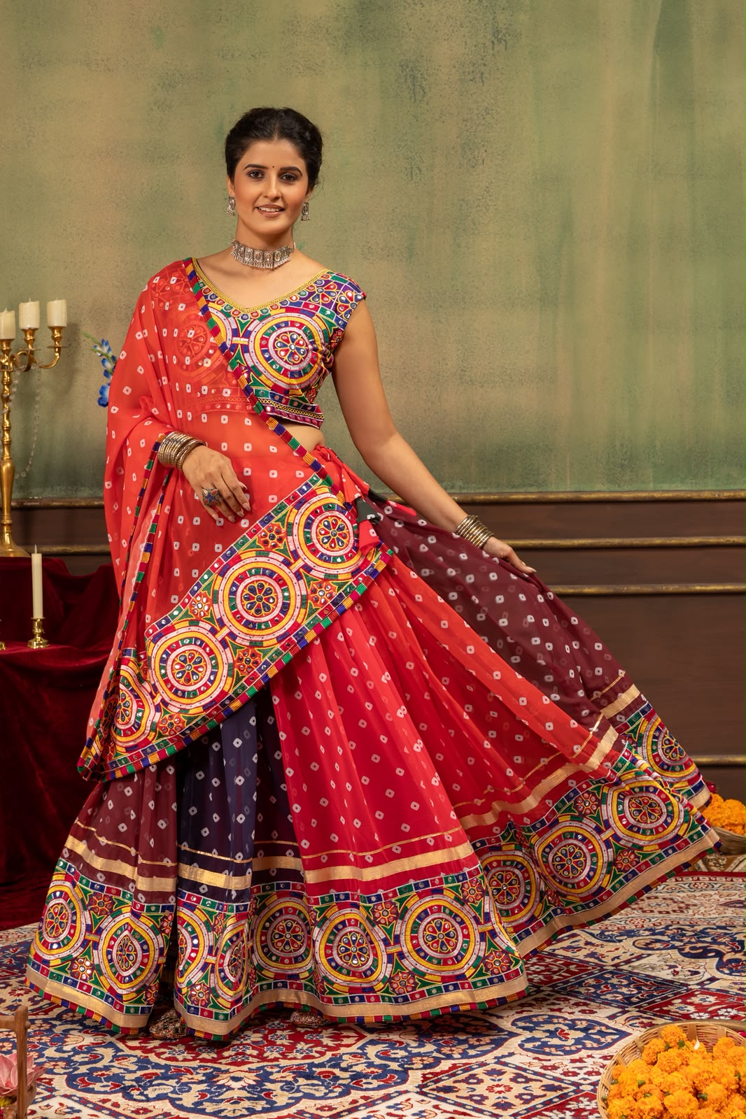 MULTICOLOR BANDHANI PRINTED NAVRATRI LEHENGA CHOLI