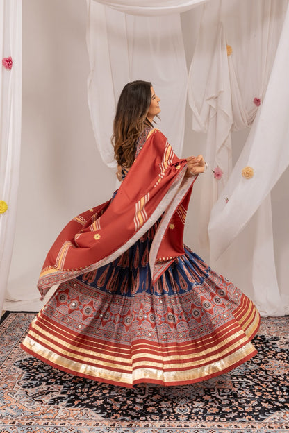 NAVY BLUE DIGITAL AJRAKH PRINT NAVRATRI LEHENGA