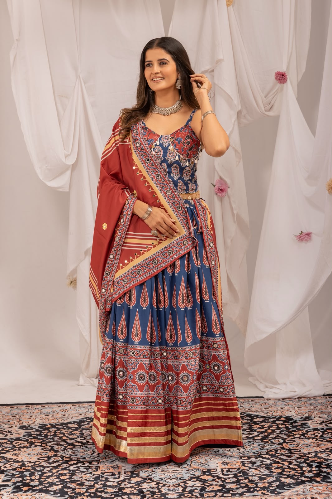 NAVY BLUE DIGITAL AJRAKH PRINT NAVRATRI LEHENGA