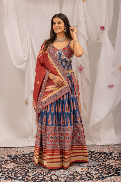 NAVY BLUE DIGITAL AJRAKH PRINT NAVRATRI LEHENGA
