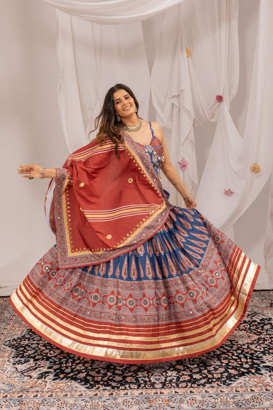 NAVY BLUE DIGITAL AJRAKH PRINT NAVRATRI LEHENGA