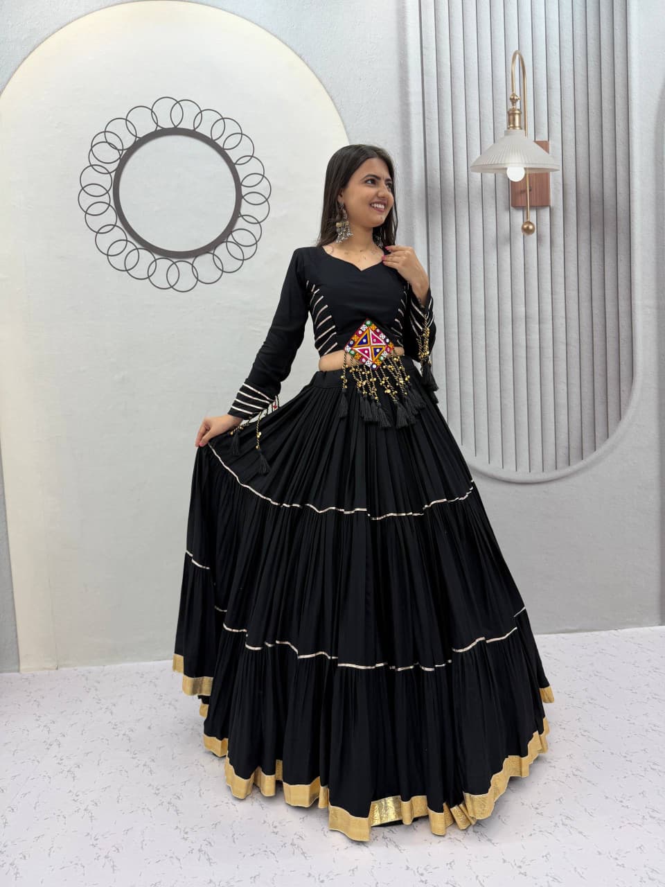 BLACK COTTON GAMTHI PATCH WORK NAVRATRI LEHENGA