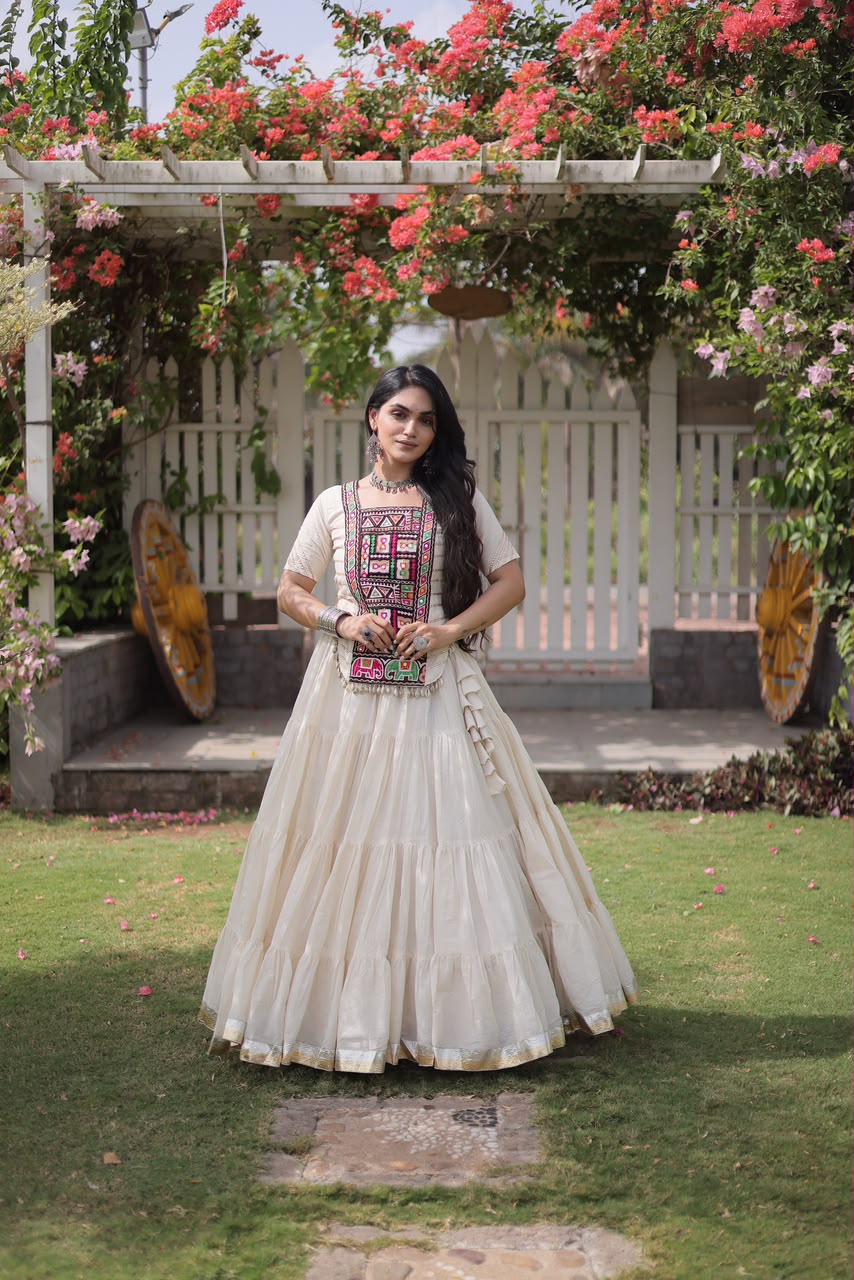 KORA COTTON LEHENGA CHOLI WITH EMBROIDERD BODICE