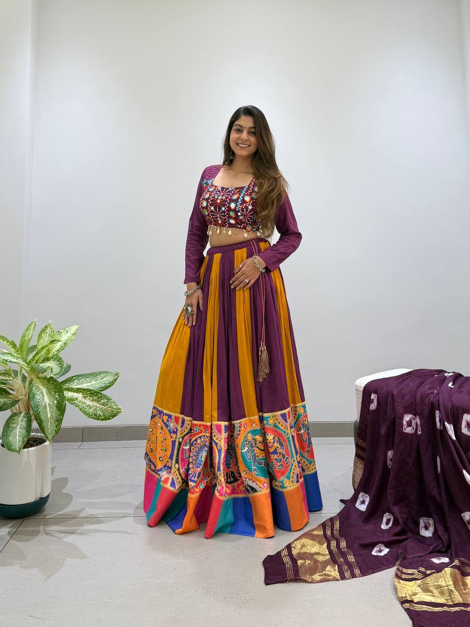 WINE & YELLOW MIRROR WORK NAVRATRI CHANIYA CHOLI