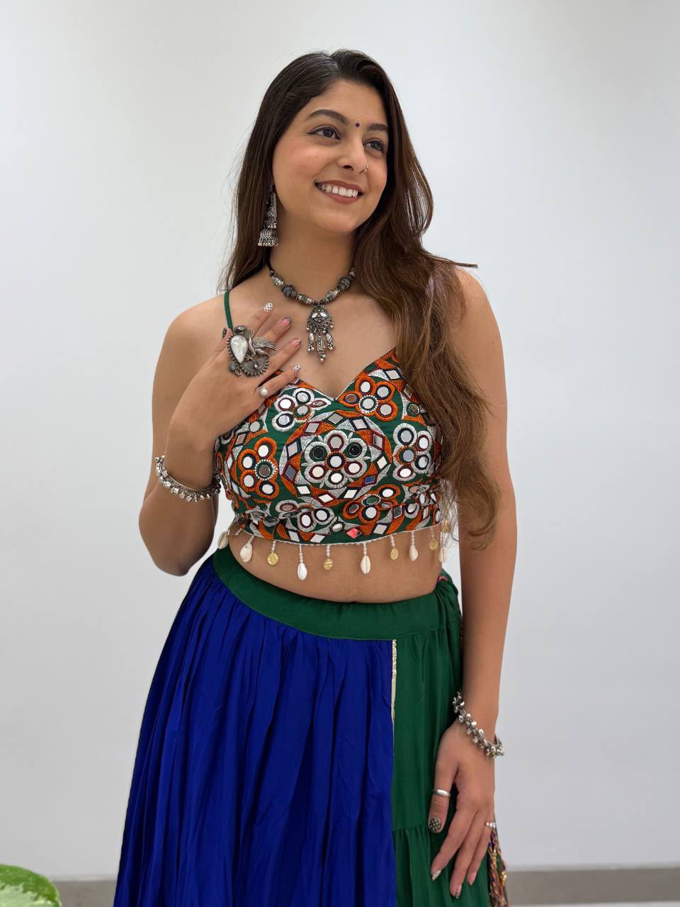 FOREST GREEN & BLUE MIRROR WORK NAVRATRI LEHENGA