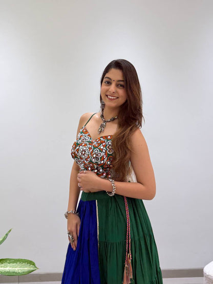 FOREST GREEN & BLUE MIRROR WORK NAVRATRI LEHENGA