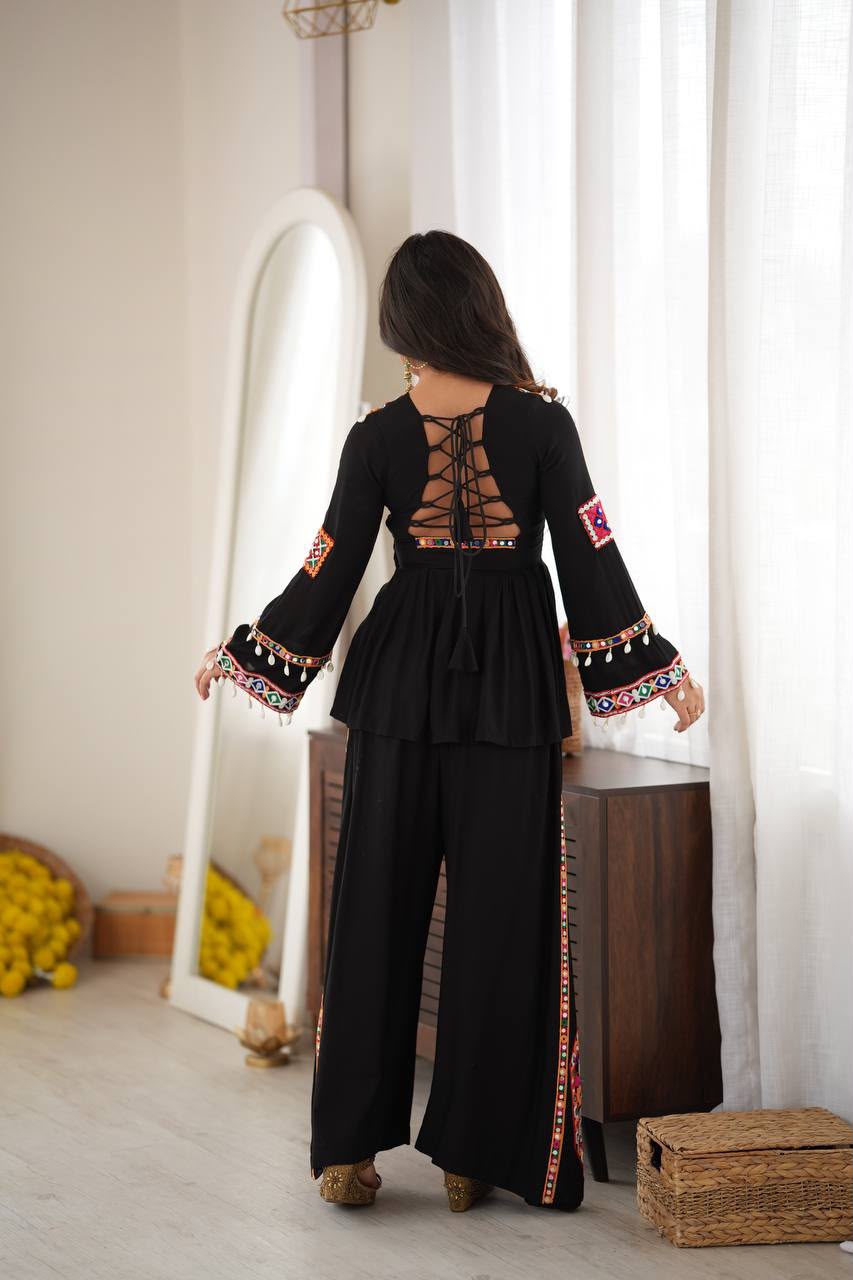 BLACK ETHNIC PEPLUM AND PLAZZO CO-ORD SET