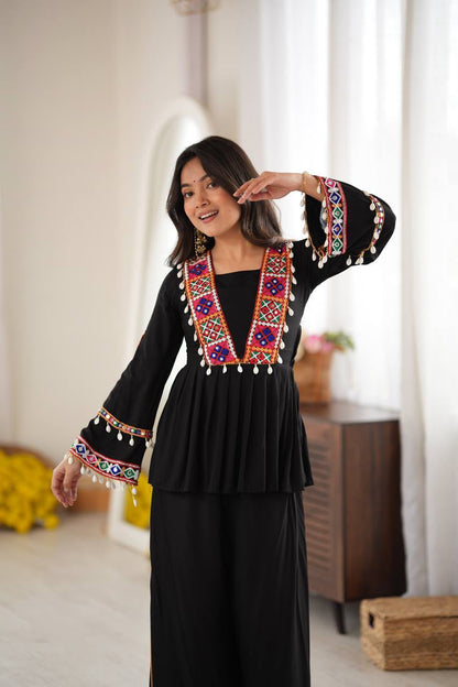 BLACK ETHNIC PEPLUM AND PLAZZO CO-ORD SET