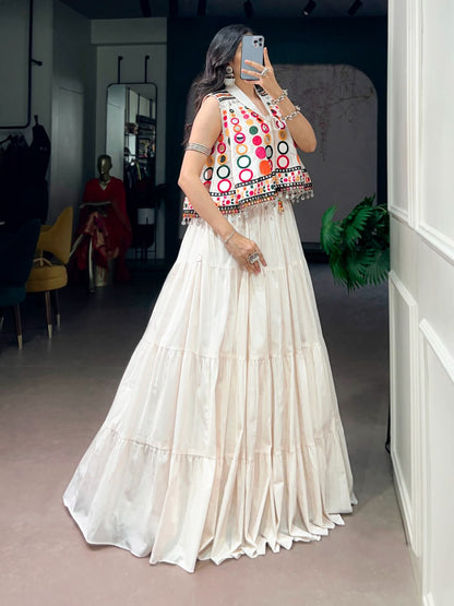 WHITE NAVRATRI KOTI BLOUSE LEHENGA WITH MIRROR WORK