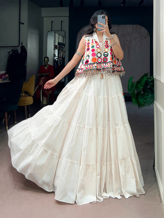WHITE NAVRATRI KOTI BLOUSE LEHENGA WITH MIRROR WORK