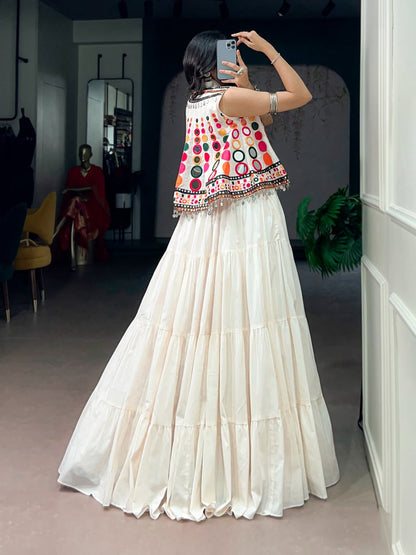 WHITE NAVRATRI KOTI BLOUSE LEHENGA WITH MIRROR WORK