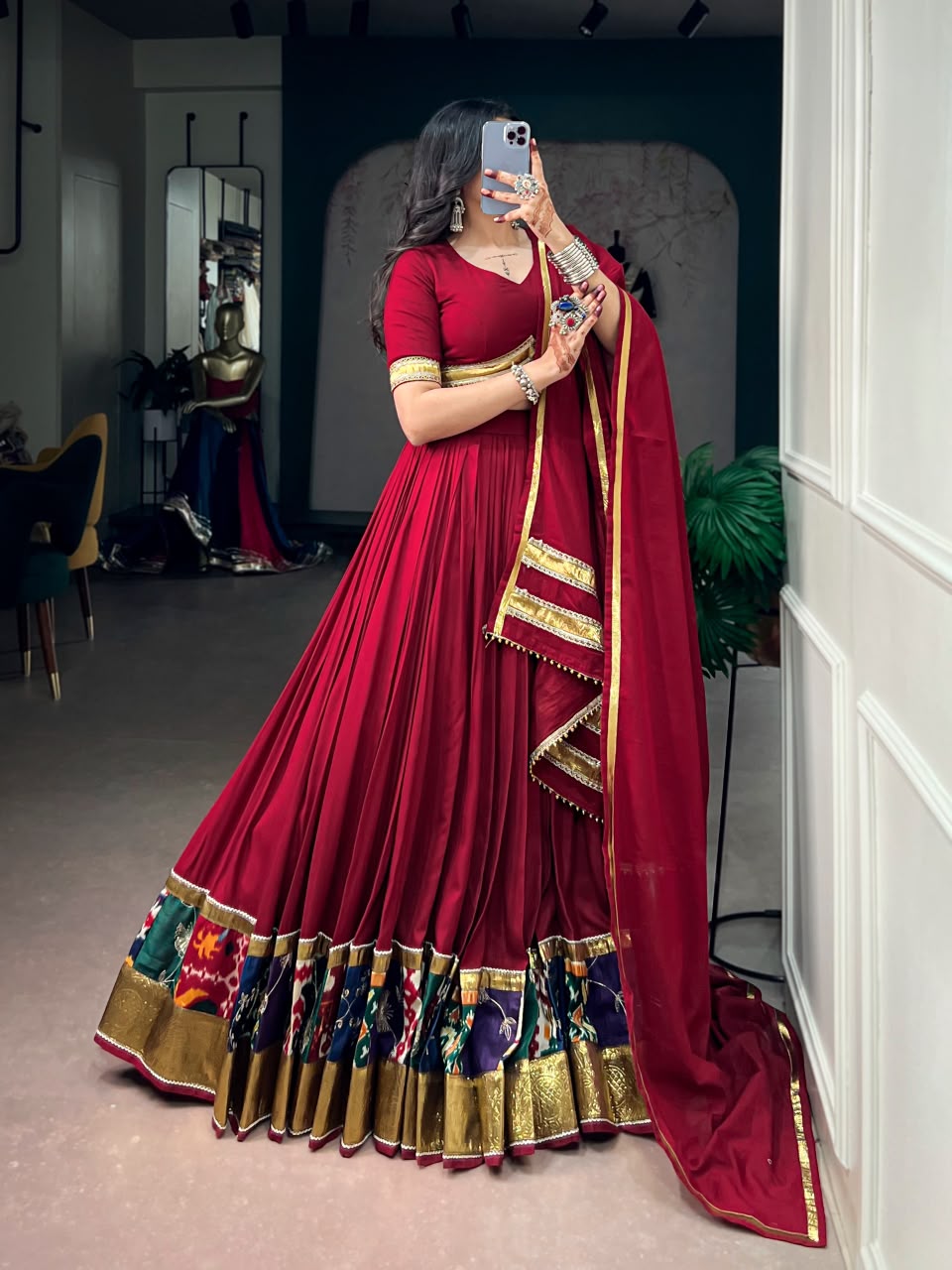 MAROON RAYON NAVRATRI LEHENGA WITH GOTA PATTI LACE