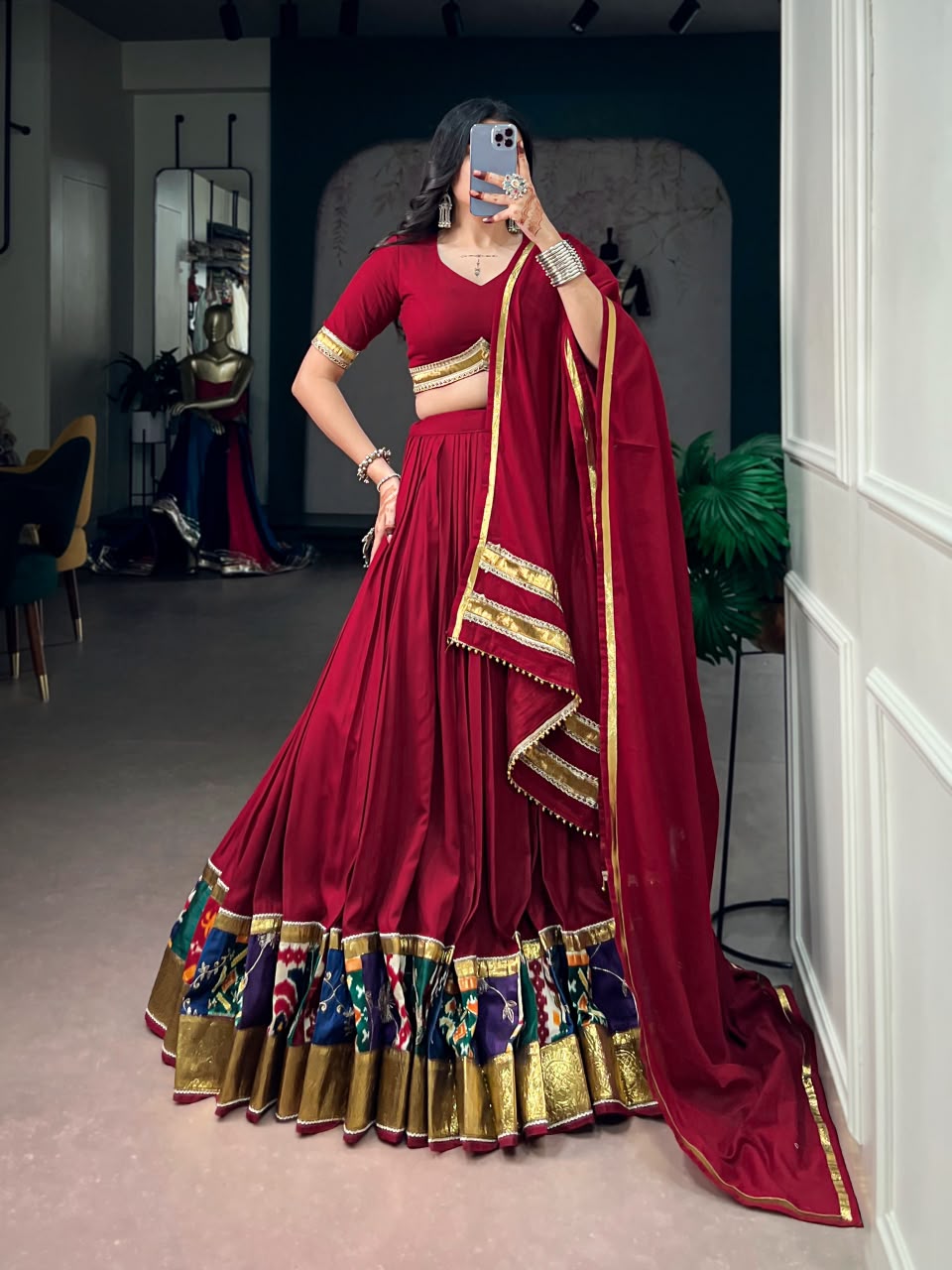 MAROON RAYON NAVRATRI LEHENGA WITH GOTA PATTI LACE