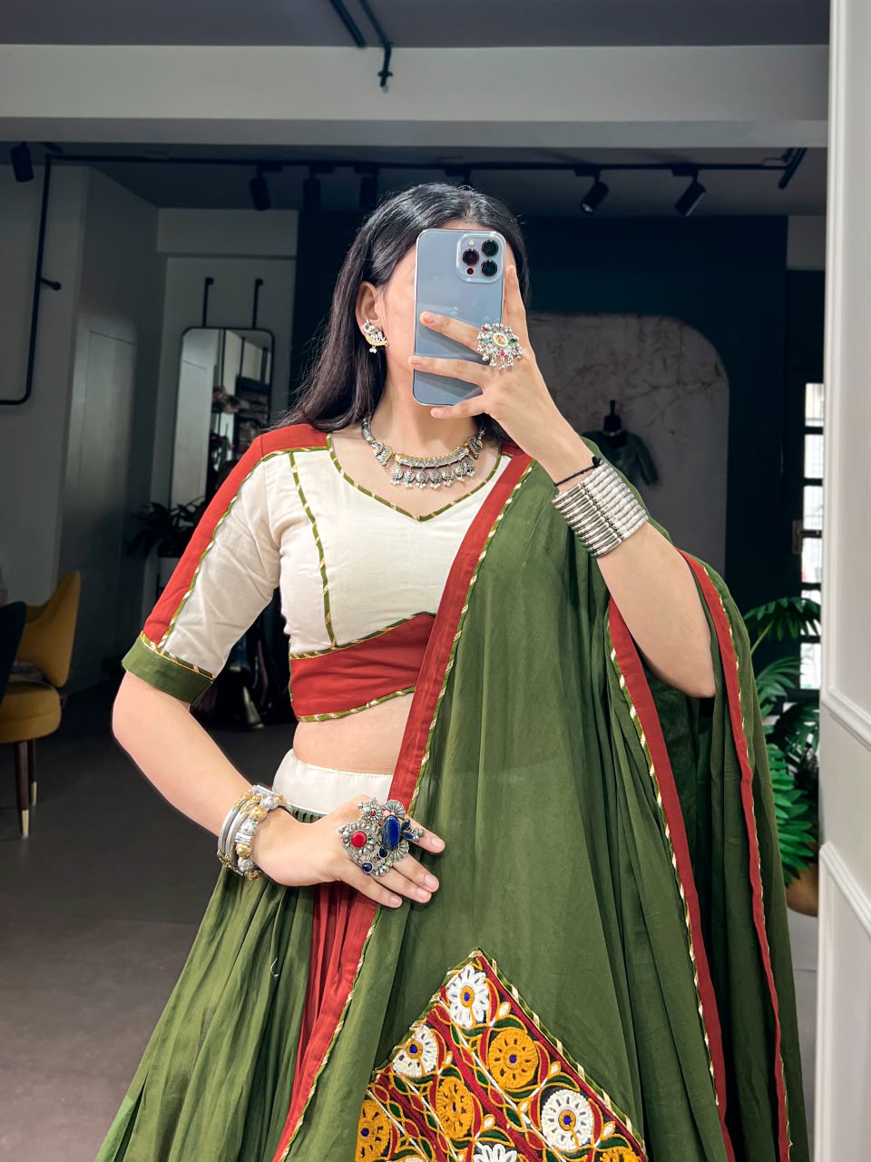 NAVRATRI PURE COTTON GAMTHI WORK LEHENGA SET