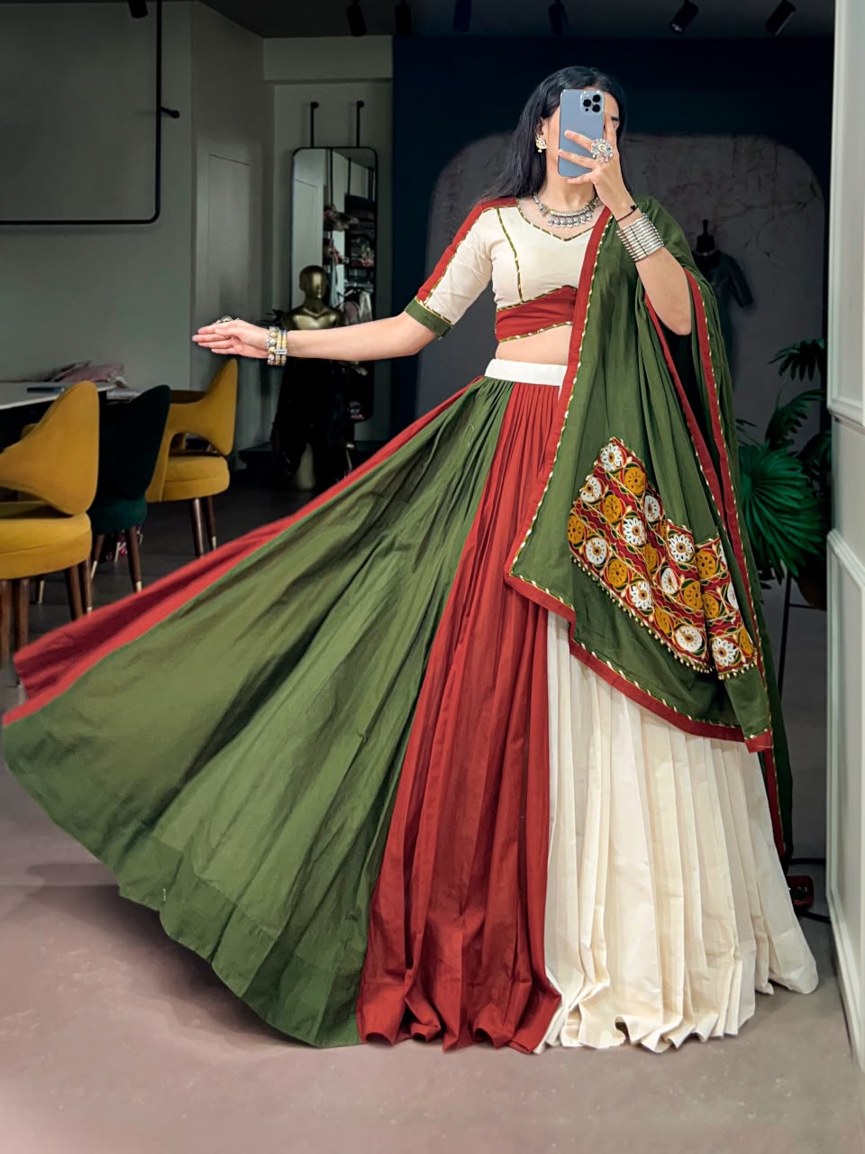 NAVRATRI PURE COTTON GAMTHI WORK LEHENGA SET