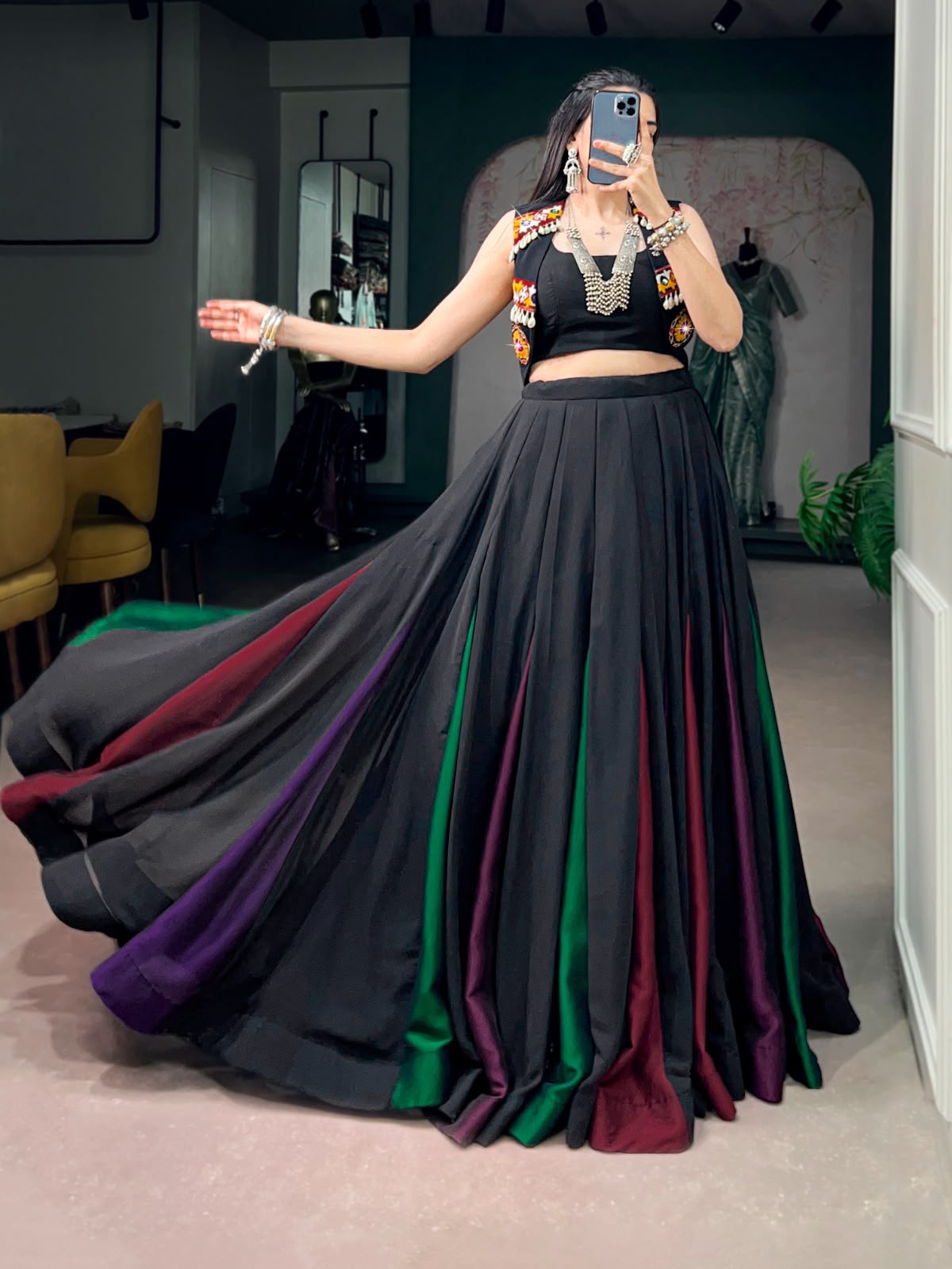 BLACK MULTI PANEL LEHENGA CHOLI WITH EMBROIDERED JACKET