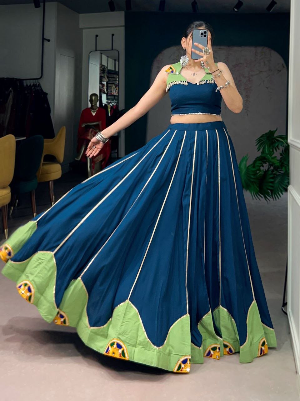 TEAL BLUE - NAVRATRI LEHENGA WITH GAMTHI WORK