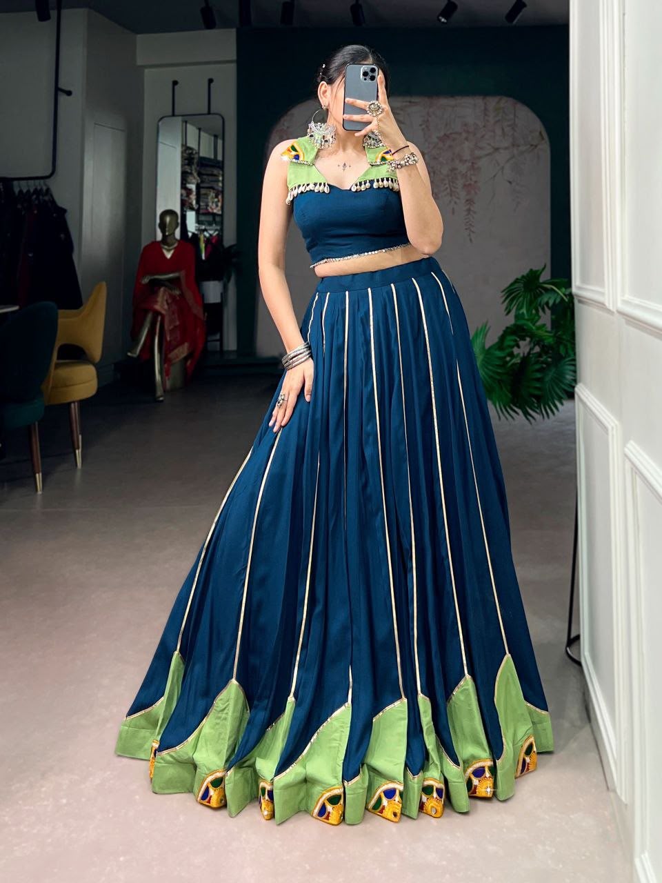 TEAL BLUE - NAVRATRI LEHENGA WITH GAMTHI WORK