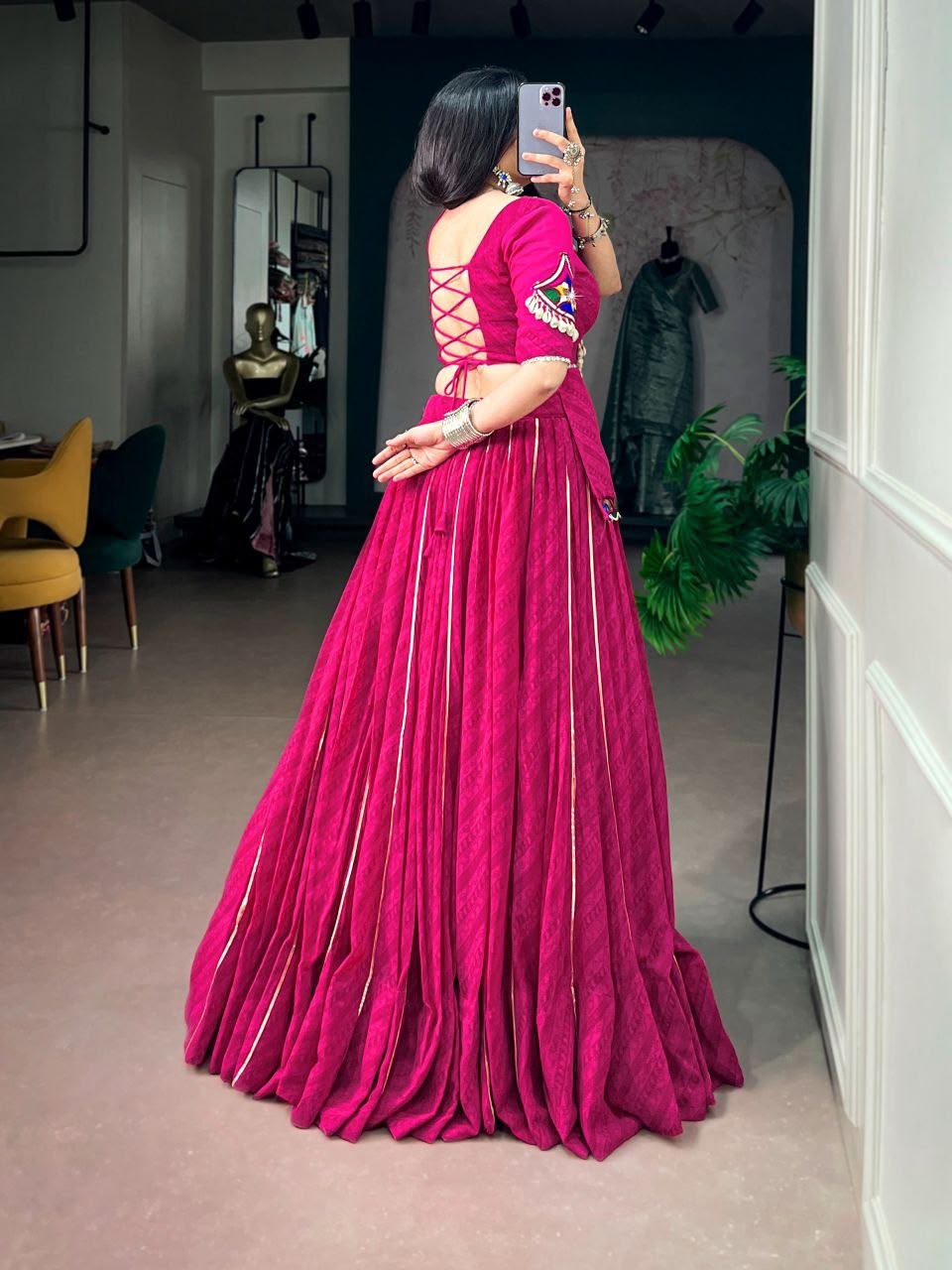 PINK GEORGETTE PRINTED WITH GOTA PATTI LACE LEHENGA CHOLI