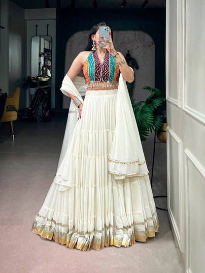 WHITE RAYON BANDHANI PRINT NAVRATRI LEHENGA