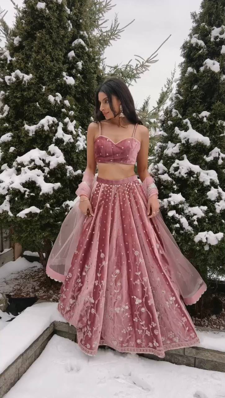 BLUSH PINK EMBROIDERED JAPAN SATIN LEHENGA