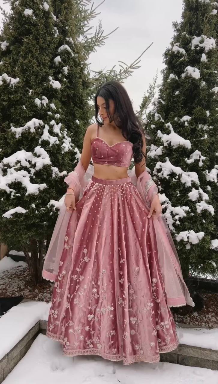 BLUSH PINK EMBROIDERED JAPAN SATIN LEHENGA