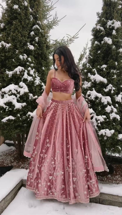 BLUSH PINK EMBROIDERED JAPAN SATIN LEHENGA