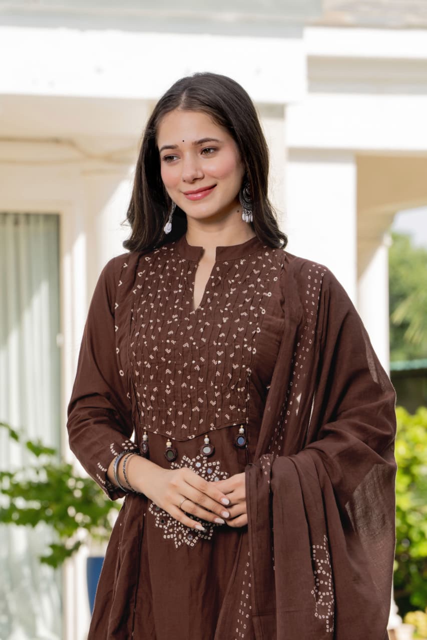 IN.COTTOM - COTTON BANDHANI REAL MIRROR WORK KURTA SET