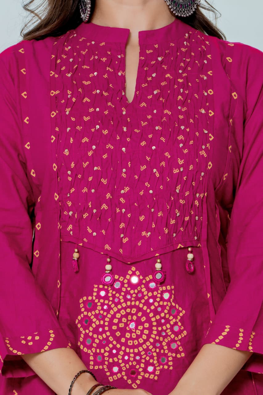 IN.COTTOM - COTTON BANDHANI REAL MIRROR WORK KURTA SET