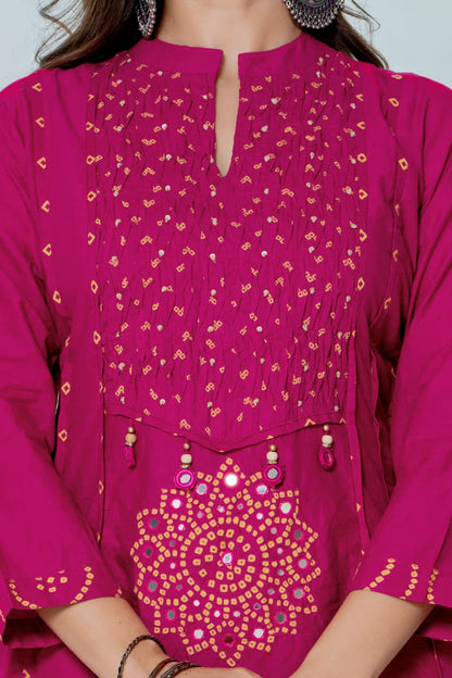 IN.COTTOM - COTTON BANDHANI REAL MIRROR WORK KURTA SET