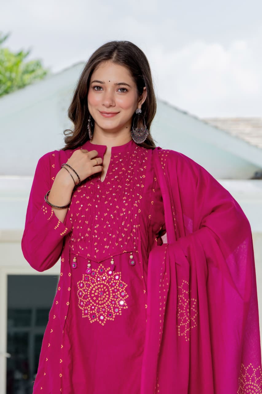 IN.COTTOM - COTTON BANDHANI REAL MIRROR WORK KURTA SET