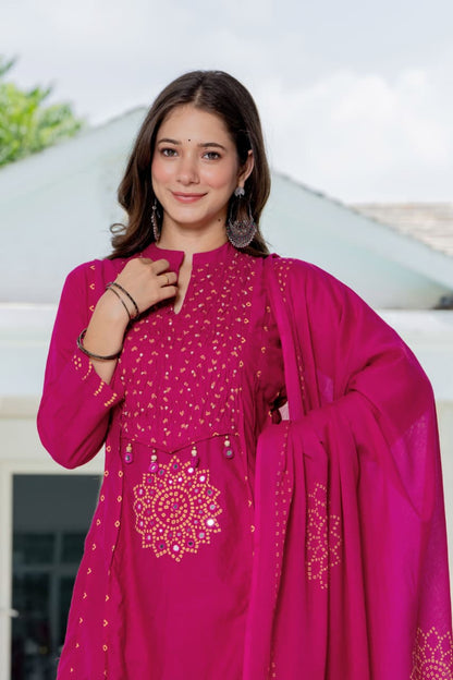 IN.COTTOM - COTTON BANDHANI REAL MIRROR WORK KURTA SET