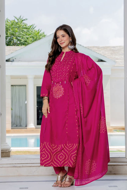 IN.COTTOM - COTTON BANDHANI REAL MIRROR WORK KURTA SET