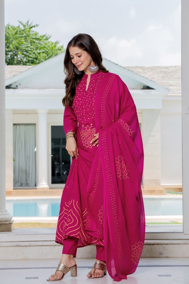 IN.COTTOM - COTTON BANDHANI REAL MIRROR WORK KURTA SET