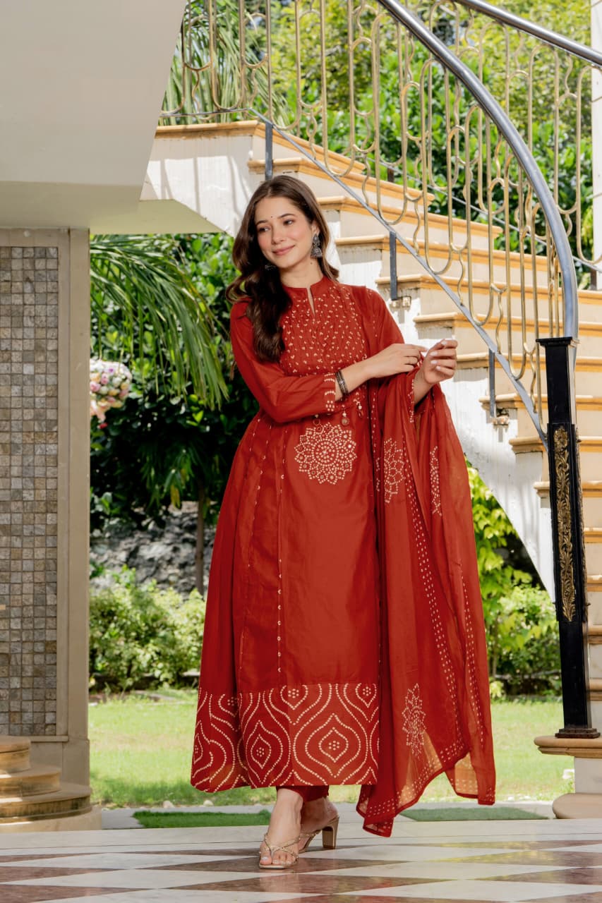 IN.COTTOM - COTTON BANDHANI REAL MIRROR WORK KURTA SET
