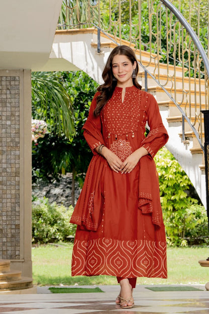 IN.COTTOM - COTTON BANDHANI REAL MIRROR WORK KURTA SET