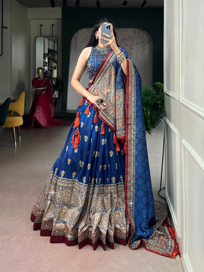 TUSSAR SILK AJRAKH-PRINTED LEHENGA CHOLI