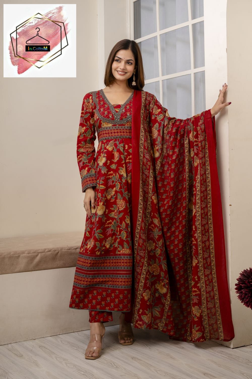 REDISH FLORISH DRESS IN COTTON - SET OF 3 - RED
