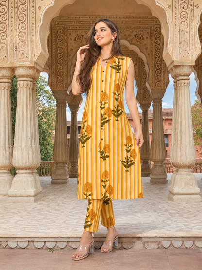 LA ROSE HAND BLOCK COTTON  A-LINE SLEEVE LESS KUTA PANT SET
