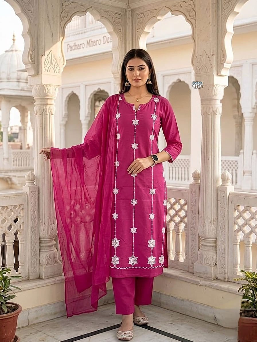 RANI PINK EMBROIDERY WORK KURTA SET