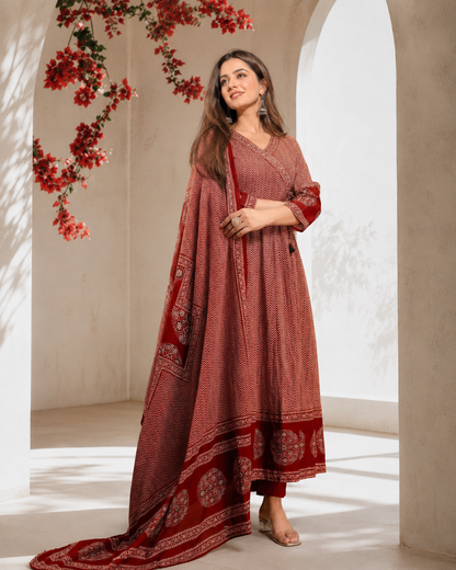 WOMEN ETHNIC MOTIFS PRINTED ANGRAKHA THREAD WORK KURTA SET