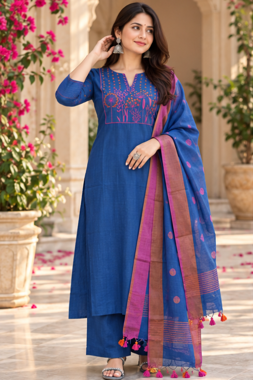 BLUE - KHADI COTTON KURTA SET