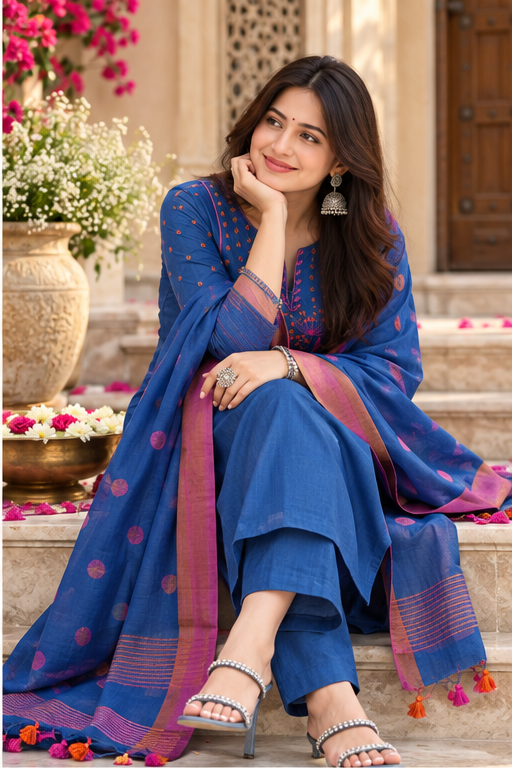 BLUE - KHADI COTTON KURTA SET