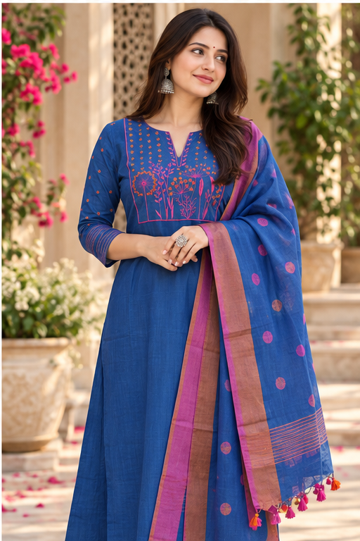 BLUE - KHADI COTTON KURTA SET