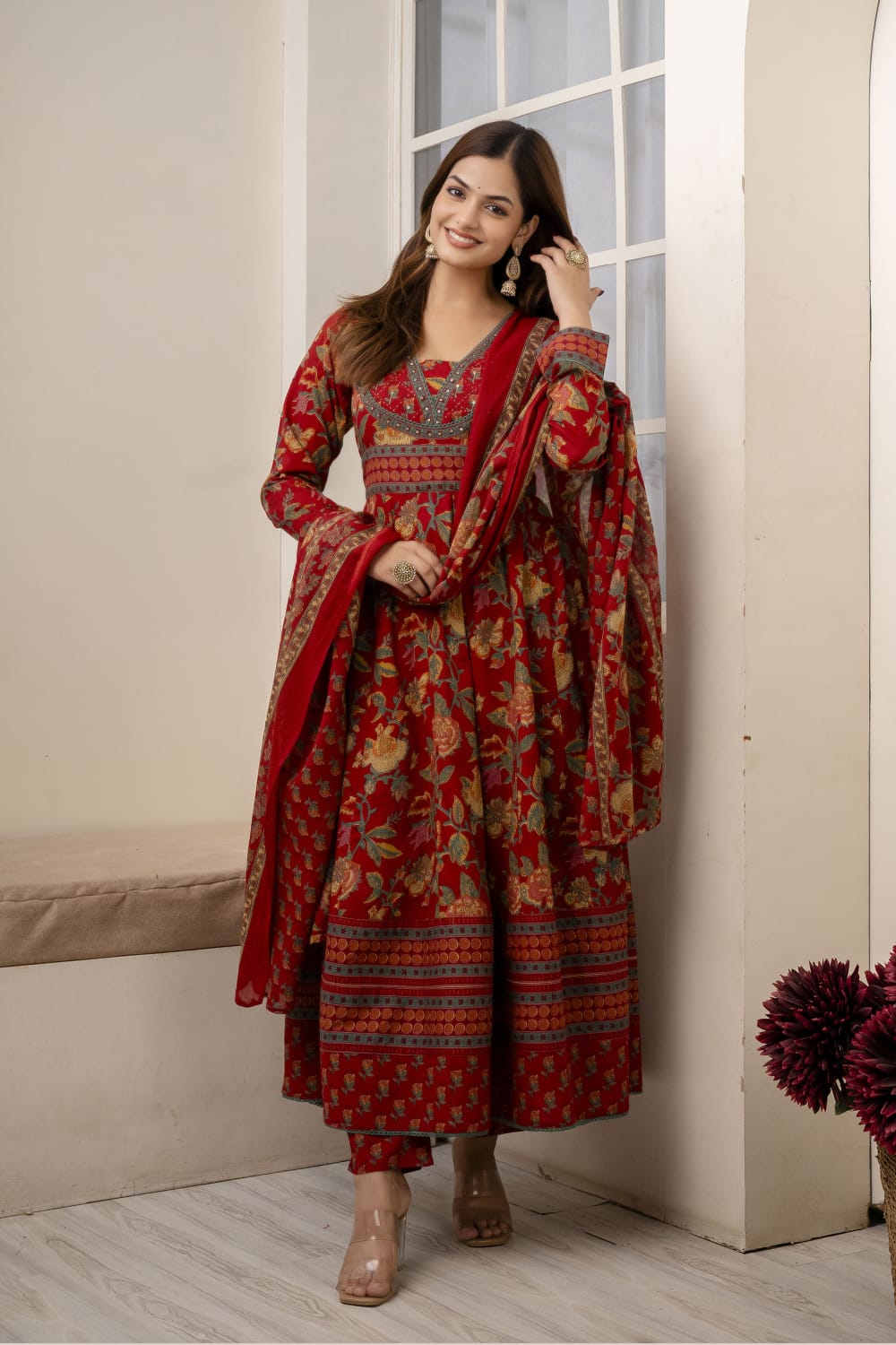 REDISH FLORISH DRESS IN COTTON - SET OF 3 - RED