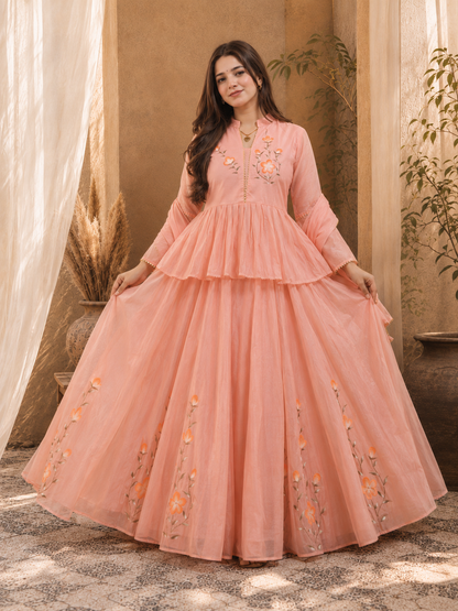 In.CottoM - INDIAN FLARED HAND PAINTED CHANDERI LEHENGA KURTI DUPATTA SET